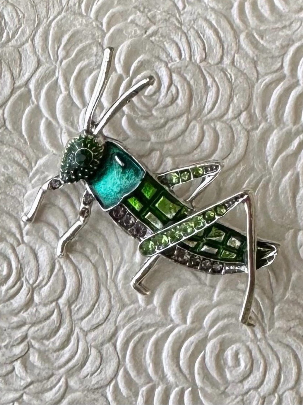 Green Enamel Grasshopper Brooch with Crystal Accents - Women Jewelry